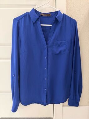 The Limited Bright Blue V-Neck Button-Down Blouse Portofino Top Small